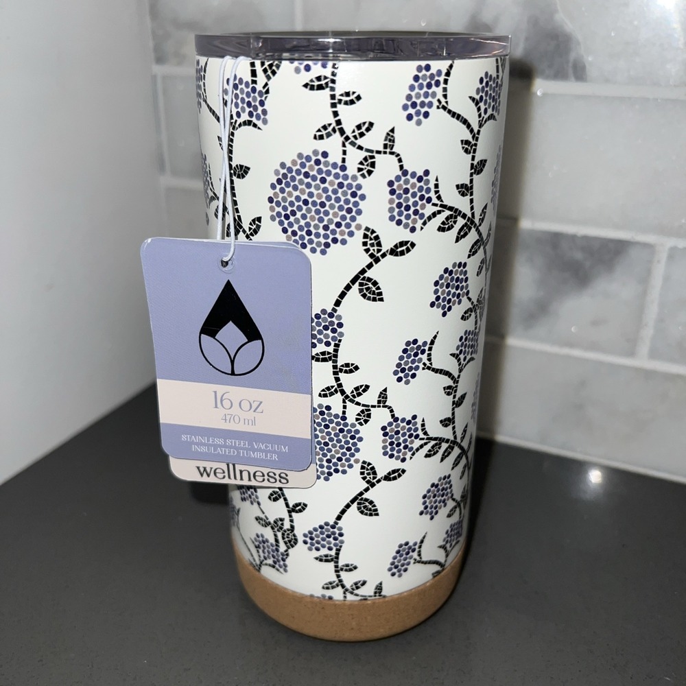 NWT~Floral Wellness 16 oz Stainless Steel Vacuum Insulated Tumbler w/ Cork Base